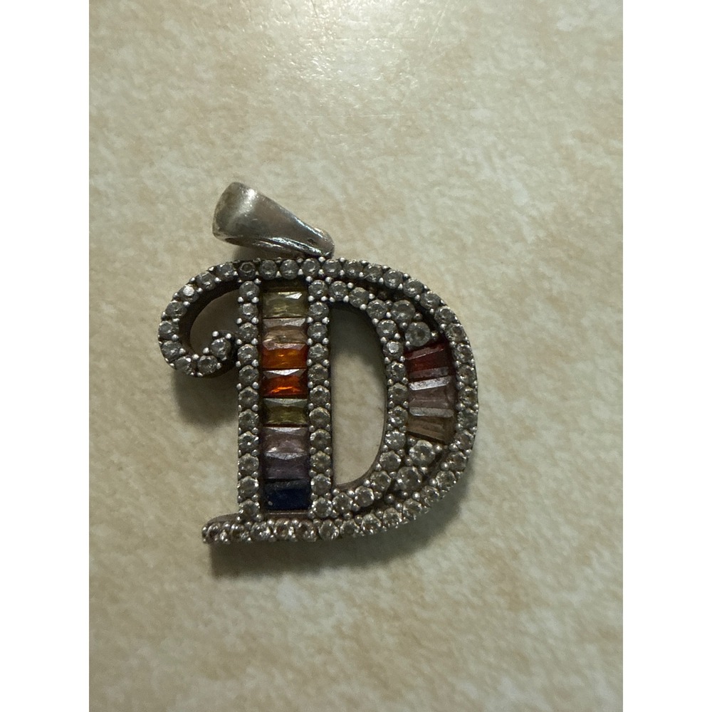 925 Sterling Silver Initial D Pendant Rainbow Baguette Multi‎ Stone Pave Charm